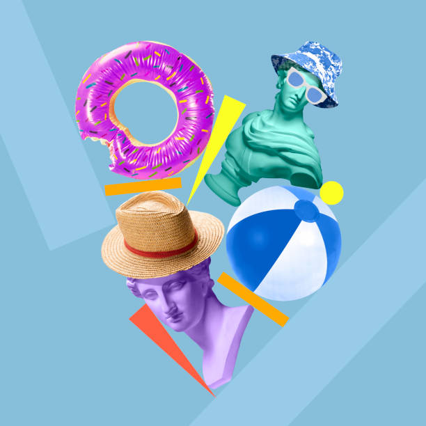 istock Summer vacation. Creative static composition with antique statues and beach attributes over pastel blue background 1333950067