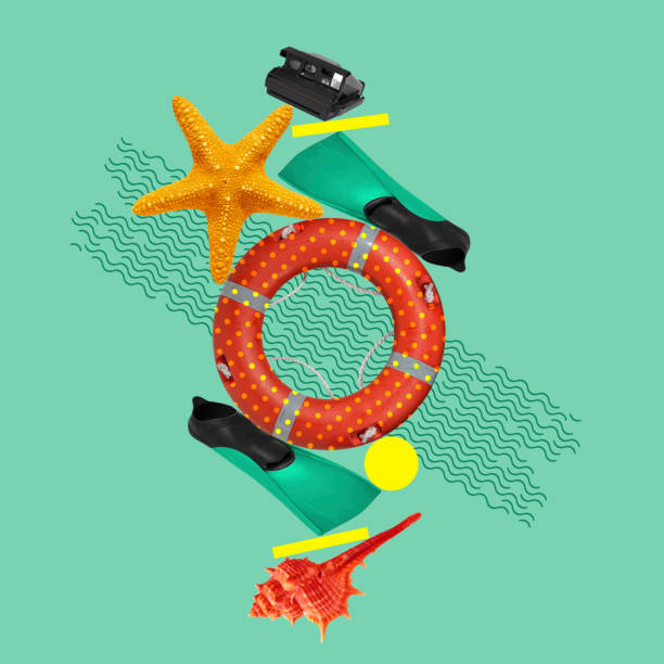 istock Snorkeling, diving. Creative static composition with flippers, swimming circle over pastel green background 1333950068