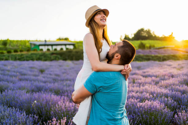 istock Beautiful young couple at a lavender field 1333950664