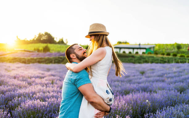 istock Beautiful young couple at a lavender field 1333950681