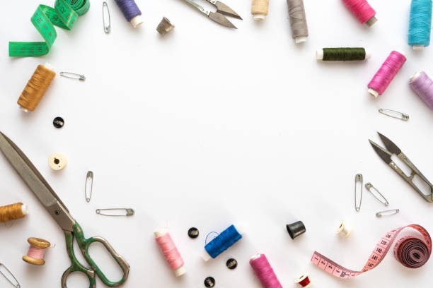 istock Flat lay composition with scissors and other sewing accessories on white background. Space for text 1333951754