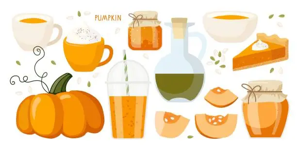 Vector illustration of Pumpkin seasonal products. Pumpkin, pie, jam, latte, oil, smoothie, soup. Food and drinks isolated. Autumn delicious sweet desserts. Fall season elements for scrapbook, poster, invitation, sticker