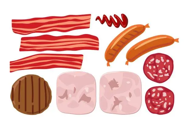 Vector illustration of Meat products. Pieces of ham and sausage, sausages, cutlet, bacon. Overhead view of isolated Meat delicatessen product. Vector flat on white. For cafe or restaurant menu. Meat food icons.