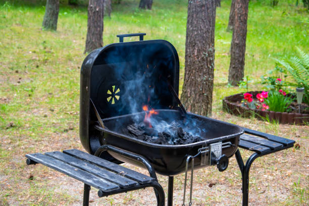 istock Preparing grilled party - fire, smoke, briquette. Fire and white smoke - grill. 1333953615