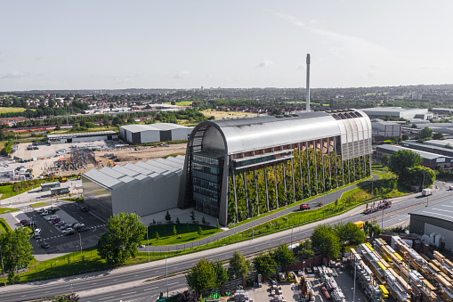 LEEDS, UK - AUGUST 13, 2021.  An aerial view of the Veolia Recycling and Recovery waste electricity generating power plant in Leeds.