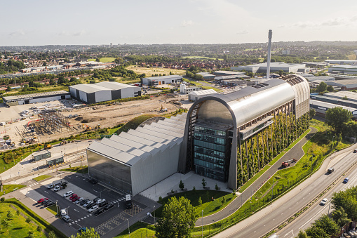 Leeds, UK - August 13, 2021.  An aerial view of the Veolia Recycling and Recovery waste electricity generating power plant in Leeds.