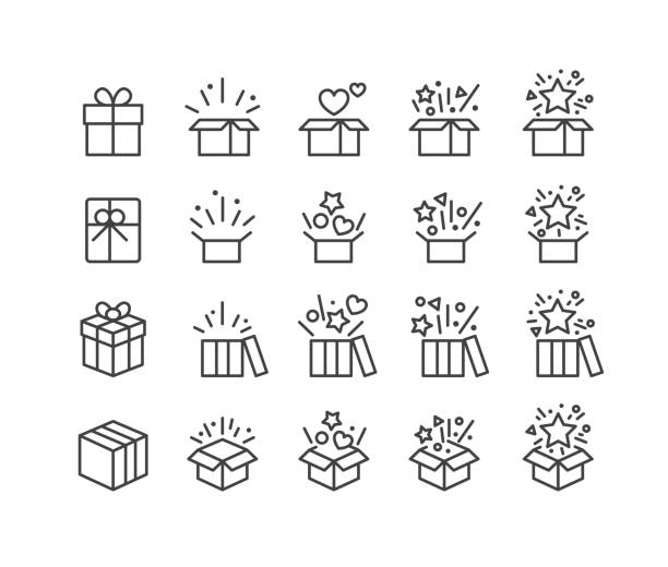 선물 과 서프라이즈 아이콘 - 클래식 라인 시리즈 - 상자 stock illustrations