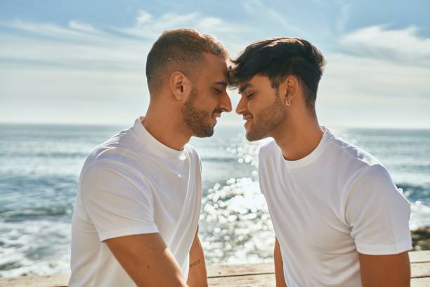 istock Romantic gay couple at the beach. 1333956327