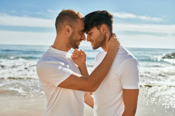 istock Romantic young gay couple at the beach. 1333956380
