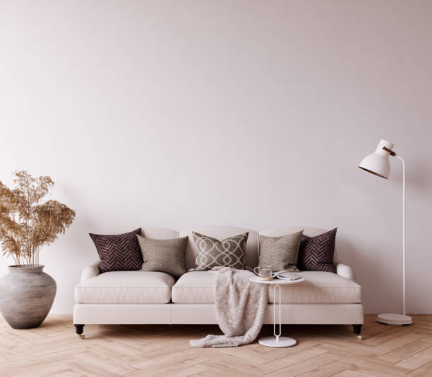 istock Modern mock up interior with empty white wall background and dry plants decoration 1333957515