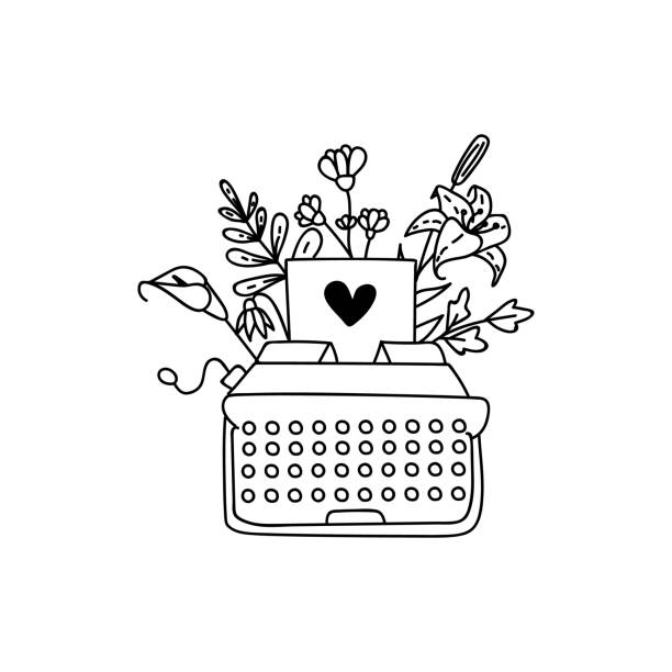 ilustrações de stock, clip art, desenhos animados e ícones de single hand drawn typewriter is decorated with flowers and leaves. vector illustration in doodle style. - typewriter retro revival journalist old fashioned