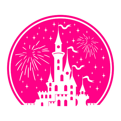 Silhouette of Princess Castle in circle. Fantasy pink palace on the background of fireworks and stars. Fairytale Royal Medieval Paradise Palace. Cartoon vector illustration.