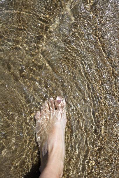 istock beach tourist feet walking on shore shallow water 1333962522