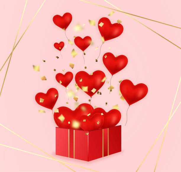 istock Valentine's day design with red heart-shaped baloons flying out of big box on pink background 1333963071