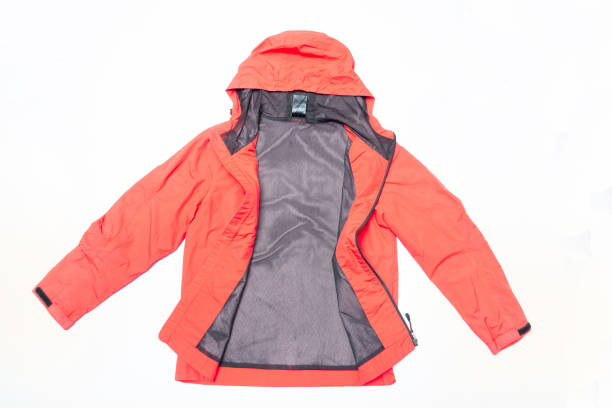 Red orange and black zipper windbreaker hiking jacket, rain proof jacket hoodie, track jacket sport nylon full zip isolated on white