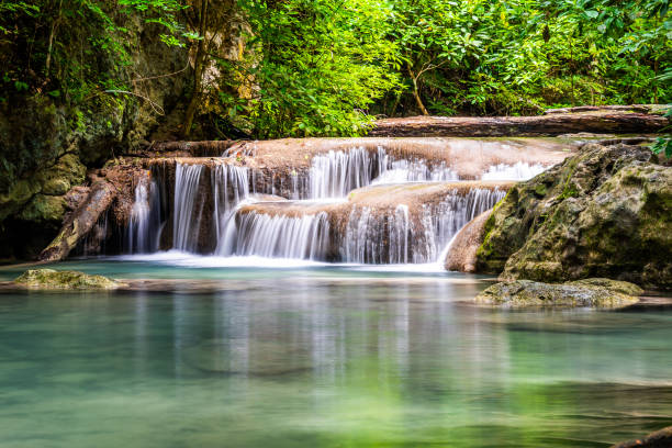 cascade au printemps avec couleur d’eau émeraude bleue dans le parc national d’erawan - waterfall tropical rainforest erawan thailand photos et images de collection