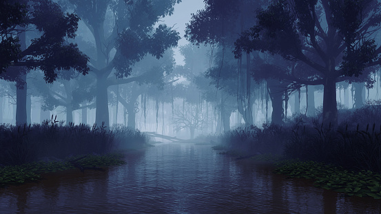 Río en un bosque misterioso en la noche oscura brumosa 3D photo