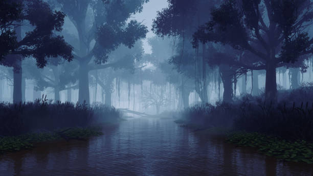 River in mysterious forest at dark misty night 3D Overgrown calm river among old creepy trees in a dark mysterious forest at misty dusk or night. With no people dreamlike woodland scenery 3D illustration from my own 3D rendering. calm water stock pictures, royalty-free photos & images