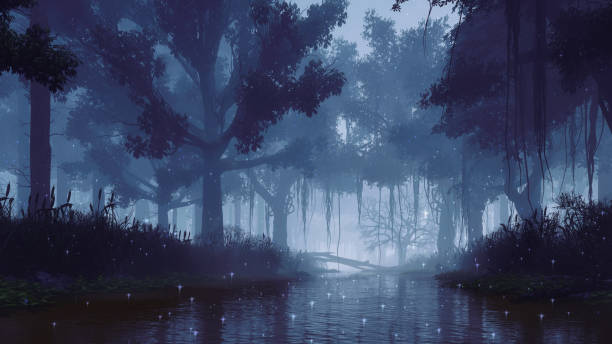 istock Scary night forest and mystical lights above river 1333969081