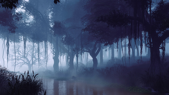 Mysterious night forest with spooky trees on river