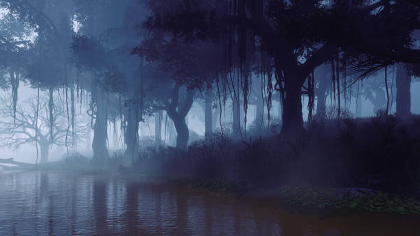 istock Night forest landscape with old trees and river 3D 1333969143