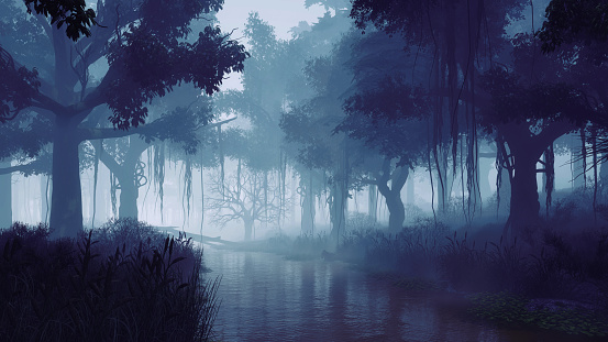 Spooky night forest with tree silhouettes on river