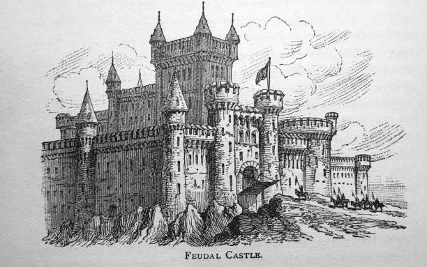 ilustrações de stock, clip art, desenhos animados e ícones de antique illustration - world history - large feudal castle with clouds behind it - feudalism