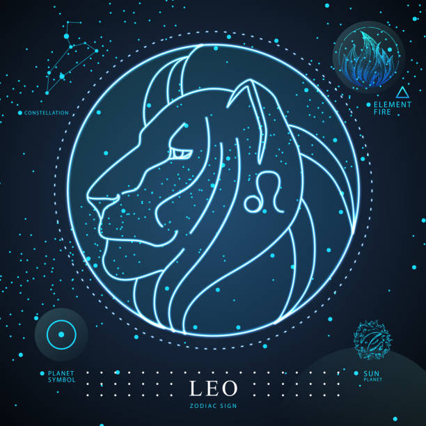 istock Modern magic witchcraft card with astrology Leo zodiac sign. Neon lion head. Zodiac characteristic 1333972904