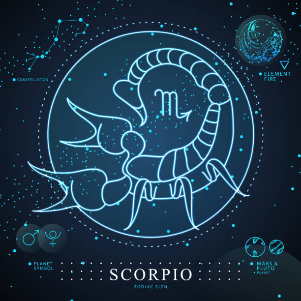 istock Modern magic witchcraft card with astrology Scorpio neon zodiac sign. Neon scorpion illustration. Zodiac characteristic 1333972970