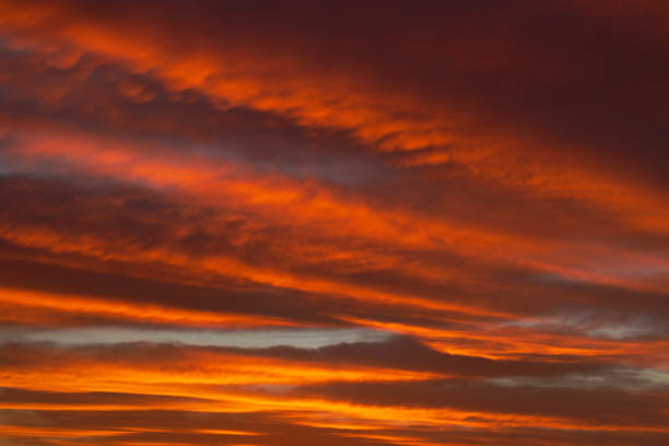 istock Sunrise sky with red color fire on a cloudy winter day. Space for text. 1333976481