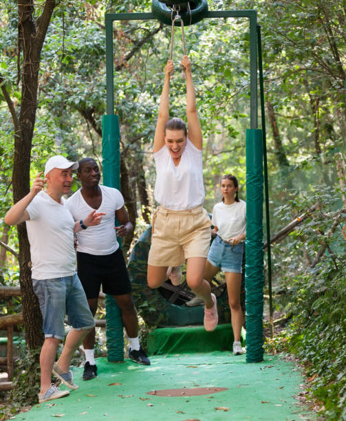 istock Trolls or Zip Line - this is speed descent along rope or rope stretched at an angle 1333976605