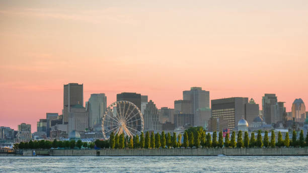 heure d’or, vue de la ville de montréal depuis le parc jean drapeau, montréal, québec, canada - montreal harbor old commercial dock photos et images de collection