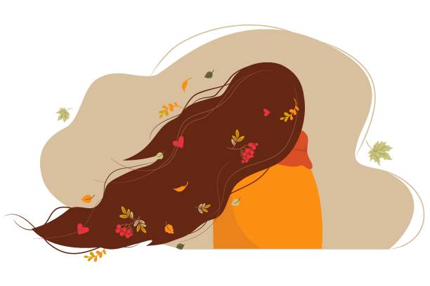 긴 머리를 개발하는 가을 잎을 가진 소녀는 그녀의 등과 함께 서있다. 벡터 그림입니다. 가을 디자인, 장식, 포스터 및 인쇄, 가을 엽서 및 광고를위한 플랫 스타일의 가을 캐릭터 - scarf blowing women autumn stock illustrations