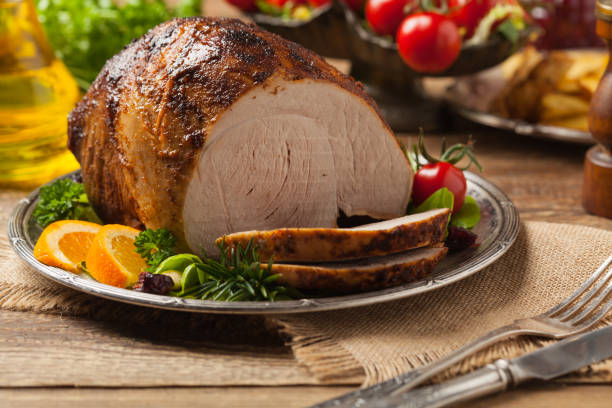 istock Baked ham, served on an old plate. 1333983417
