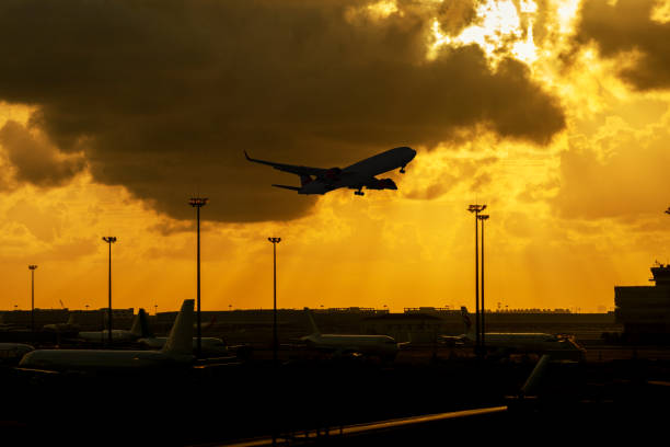 istock airplane take off from airport with cloudy sky during sunrise. 1333984611