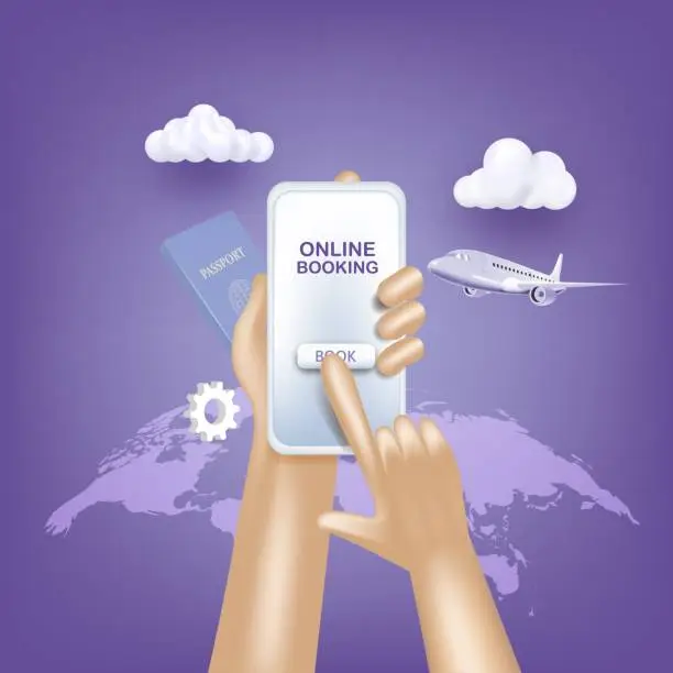 Vector illustration of Mobile online travel service vector banner. A smartphone with hands.