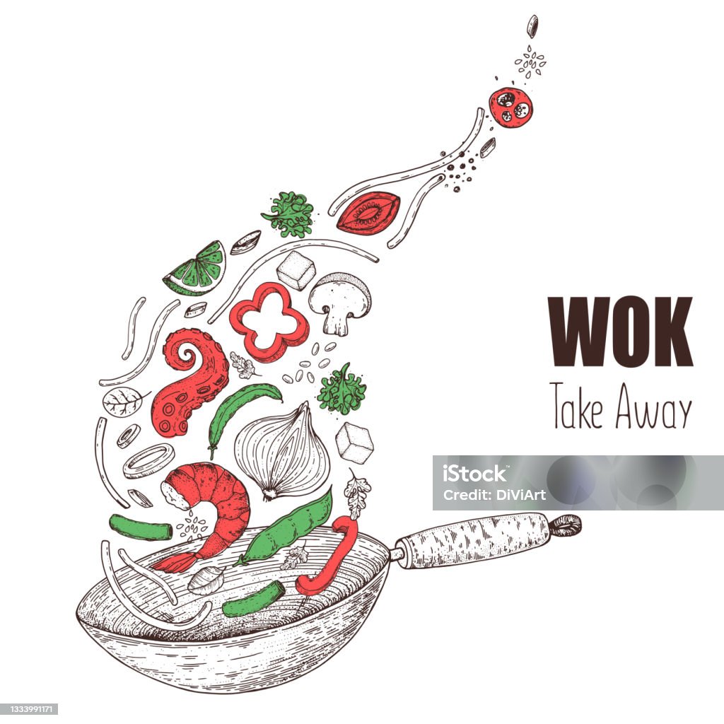 Chảo Wok Và Các Thành Phần Cho Bản Phác Thảo Wok Hình Minh Họa ...