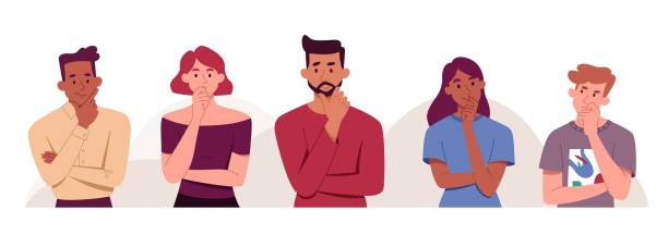Male and female characters standing and thinking together on white background Male and female characters standing and thinking together on white background. Concept of people wondering or thinking, planning or pondering and holding hand by chin. Flat cartoon vector illustration confused faceless cartoon person stock illustrations