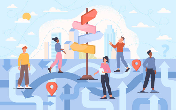 Young male and female characters are trying to find the right path direction and guide to destination Young male and female characters are trying to find the right path direction and guide to destination. Different strategies for life choices and hardship solutions. Flat cartoon vector illustration cartoon of conclusion stock illustrations