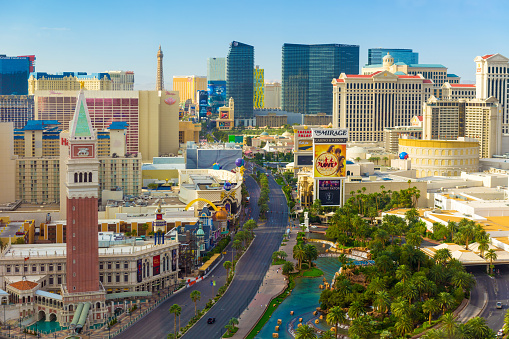 Las Vegas, United States - November 24, 2022: A picture of the Mirage with a large ad of the show Love by Cirque du Soleil, about the Beatles, on its facade.