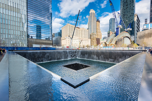 Wide angle view of the Ground Zero Memorial in Manhattan, New York City, USA