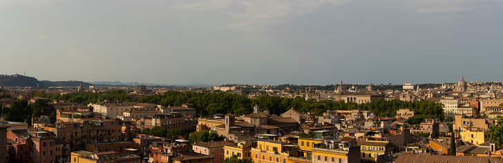 Panorama of Rome seen from the Janiculum Hill in August 2021. Beautiful Rome skyline in summer