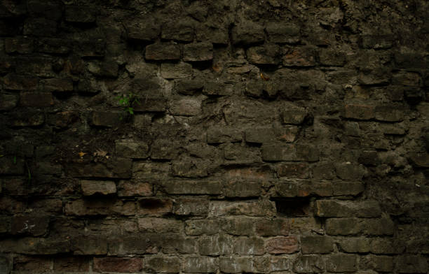 fondo de mampostería de ciudad en ruinas envejecida. vintage frente a la yarda de la fortaleza del castillo. sucia fachada de roca rural fortificada textura de pared, húmeda planta baja espeluznante. - pared de piedra fotografías e imágenes de stock