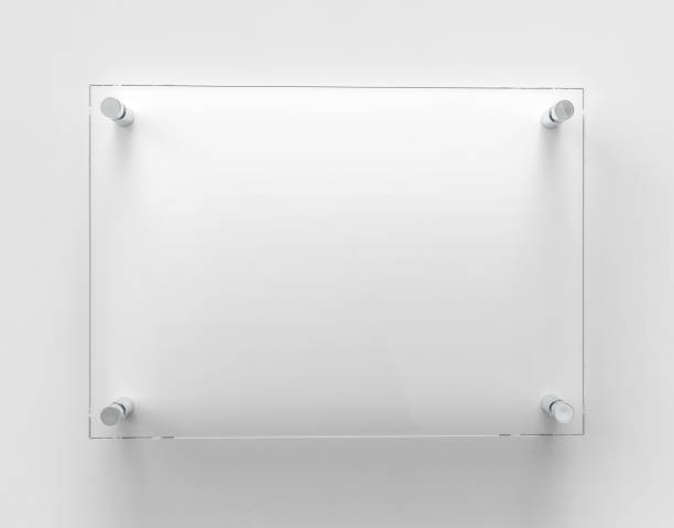 blank a4 transparent glass office corporate signage plate mock up template, clear printing board for branding, logo. vista frontal de maqueta de cartel de publicidad acrílica transparente. renderizado 3d - acrylic fotografías e imágenes de stock