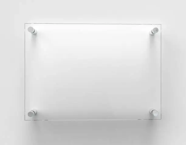 Photo of Blank A4 transparent glass office corporate Signage plate Mock Up Template, Clear Printing Board For Branding, Logo. Transparent acrylic advertising signboard mockup front view. 3D rendering