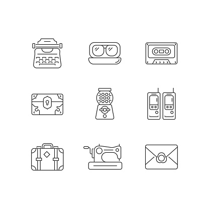 Vintage-inspired style linear icons set. Typewriter model. Aviator glasses. Tape cassette. Vintage box. Customizable thin line contour symbols. Isolated vector outline illustrations. Editable stroke