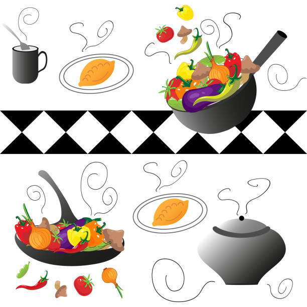 bezszwowy wzór patelni, żeliwa i gulaszu warzywnego na białym. - cooked fried backgrounds preparation stock illustrations