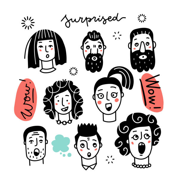 Set of various surprised women and men, mixed age and ethnic groups expressing amazed emotions. Hand drawn line art doodle vector illustration. Black on white Set of various surprised women and men, mixed age and ethnic groups expressing amazed emotions. Hand drawn line art doodle vector illustration. Black on white. black and white drawings stock illustrations