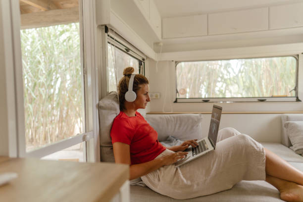 istock Female freelancer working from the recreational vehicle 1334009767