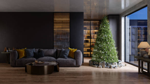 Luxurious Living Room Interior At Night With Sofa, Christmas Tree And Gift Boxes